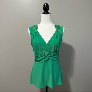 Frank Lyman V-Neck Rouched Waist Sleeveless Embroidery Accent Green Top